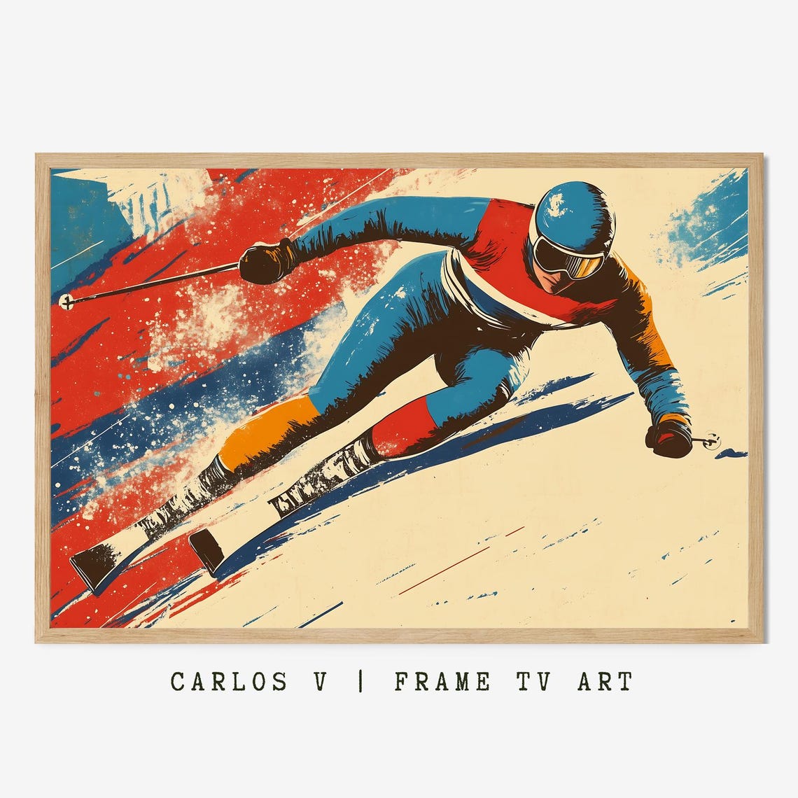Downhill Ski Racer Speeding Carve Bold Red Blue Style Poster