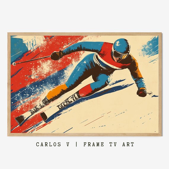 Downhill Ski Racer Speeding Carve Bold Red Blue Style Poster