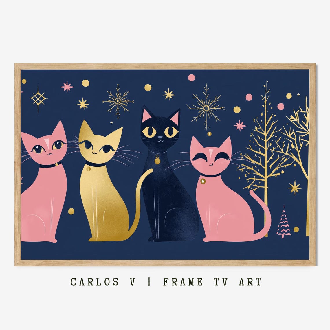 Four Retro Cats Under Golden Stars On A Midnight Blue Night Poster