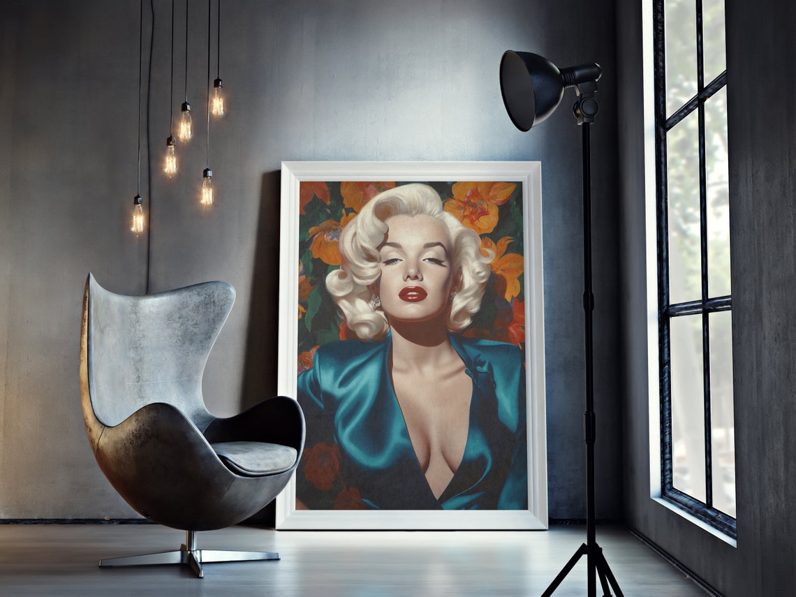 Marilyn Monroe Portrait in Teal Satin With Orange Flowers Poster