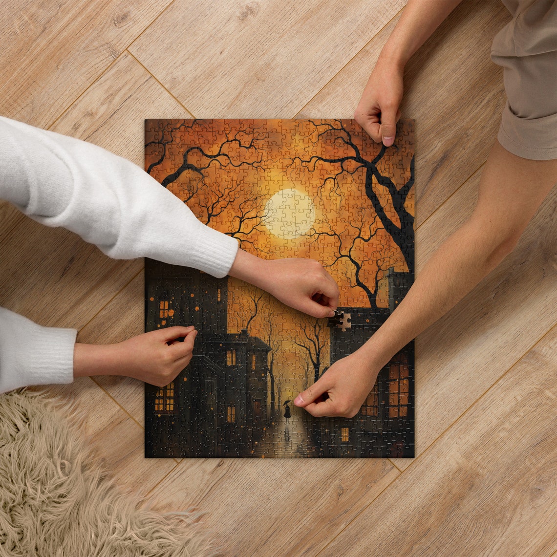 Spooky Halloween Haunted Town Full Moon Jigsaw Puzzle Poster - Image 2