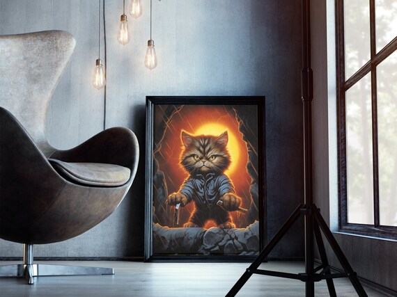 Angry Tabby Cat Rain Storm Horror Movie Spoof Funny Halloween Poster
