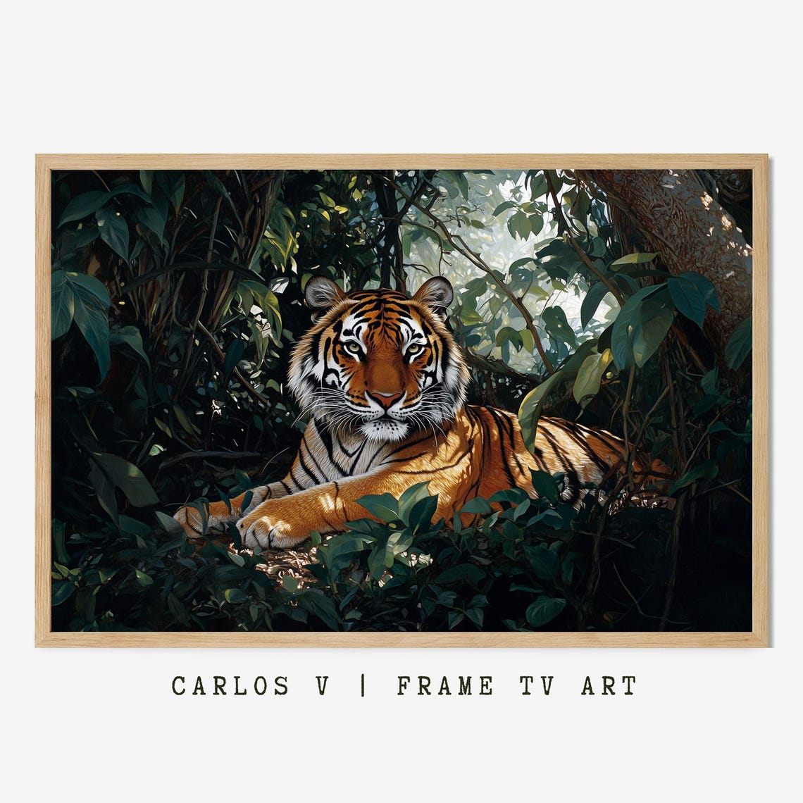 Tiger Resting in Lush Green Jungle Foliage Dappled Light Poster