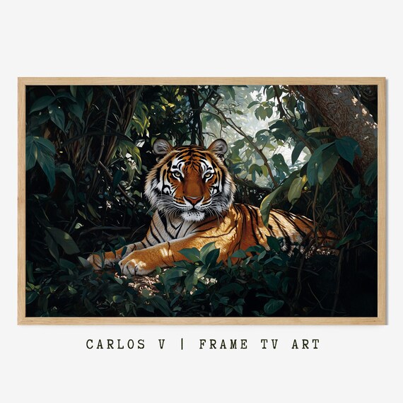 Tiger Resting in Lush Green Jungle Foliage Dappled Light Poster