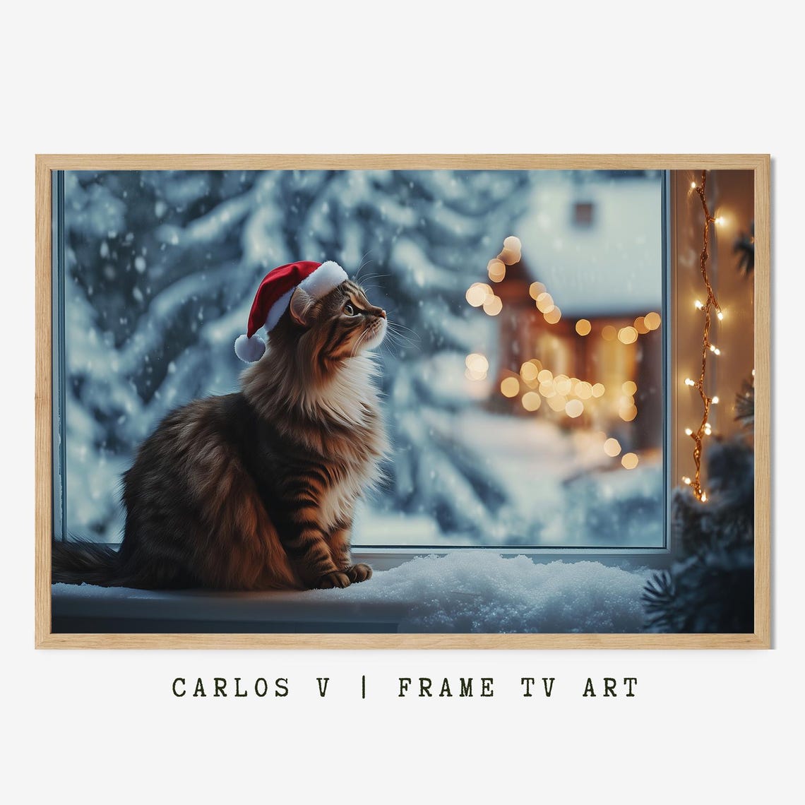 Fluffy Longhair Cat with Santa Hat on Snowy Windowsill Poster