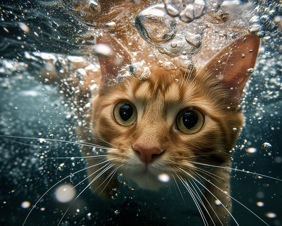 Ginger Cat Swimming Underwater Close Up Wildlife Art Frame TV Poster - Image 2
