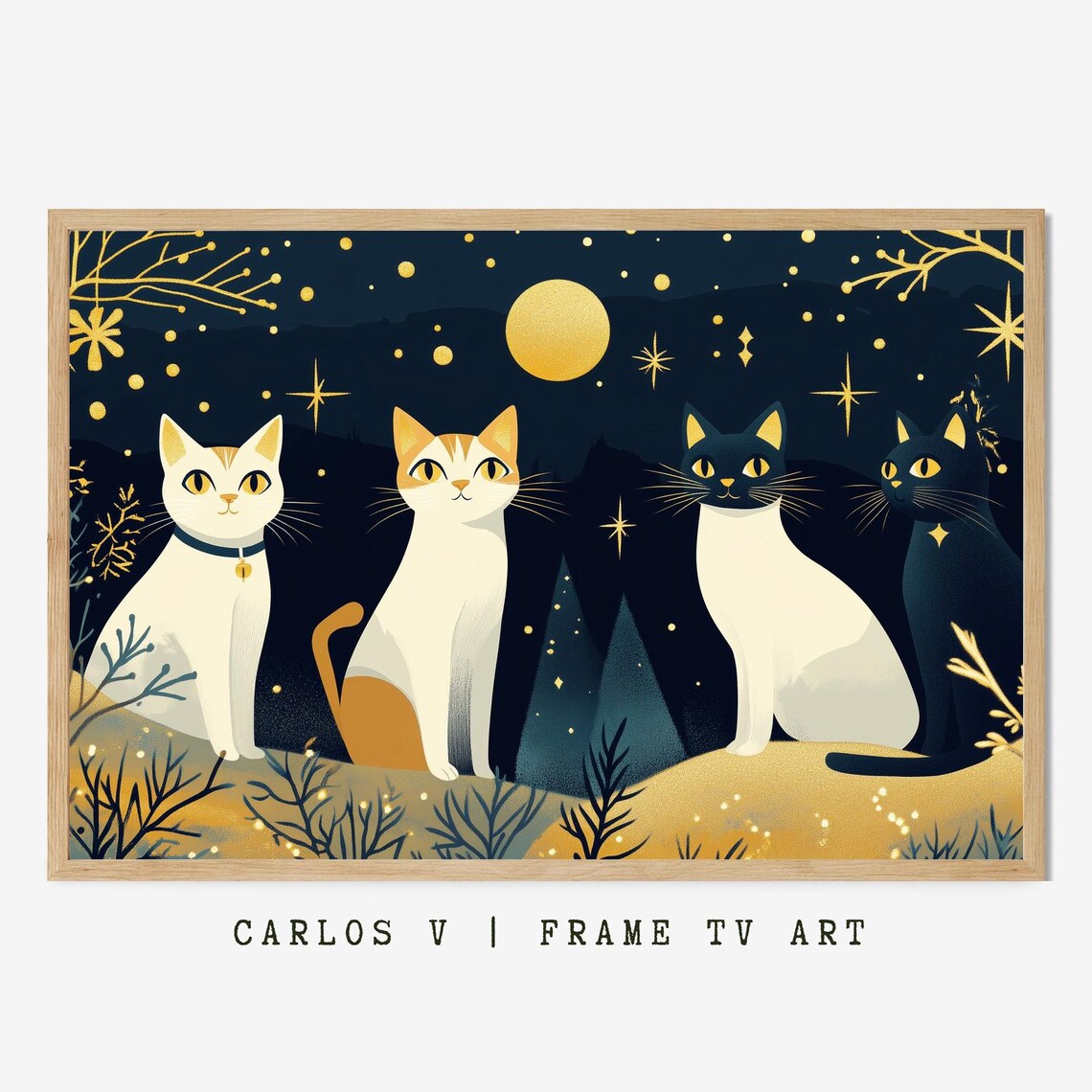 Four Stylized Cats Under Gold Moon and Stars Night Sky Art Poster