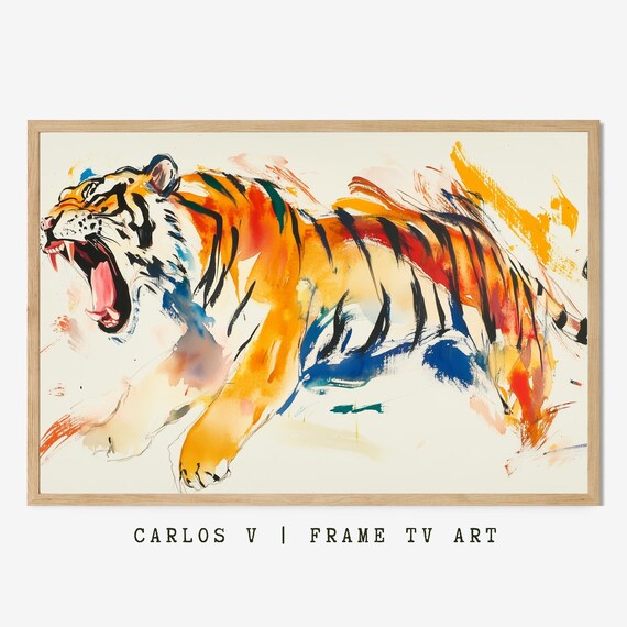 Roaring Tiger Colorful Watercolor Brushstroke Abstract Wildlife Art Poster