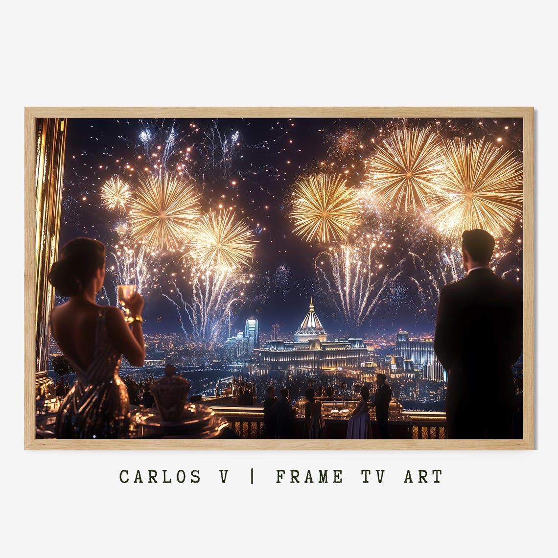 Luxury Celebration Rooftop Fireworks City Skyline Night Wall Art