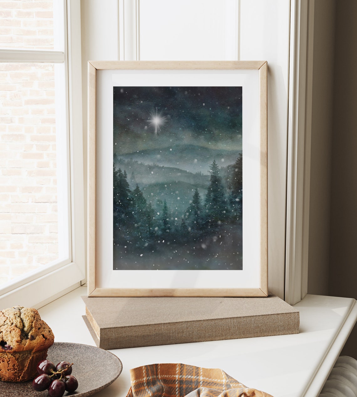 Snowy Pine Forest Bethlehem Star Night Sky Winter Wonderland Poster - Image 2