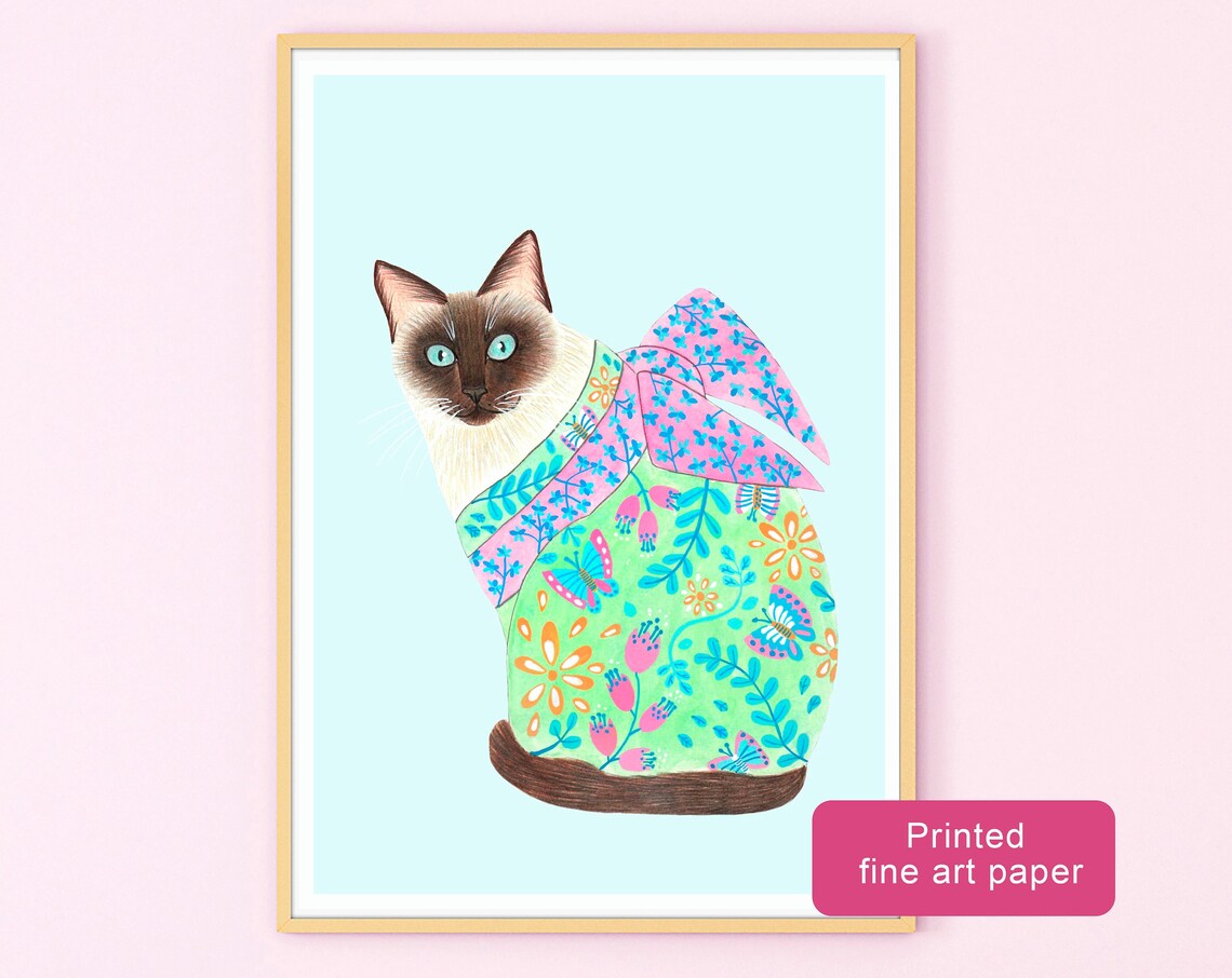 Blue Eyed Siamese Cat Green Floral Kimono Illustration Poster