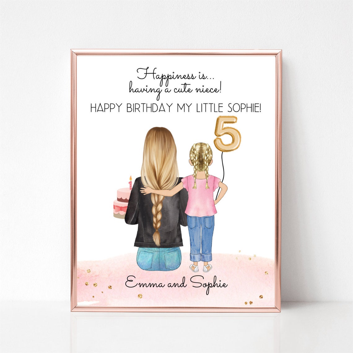 Aunt and Niece 5th Birthday Balloon Custom Portrait Gift Poster