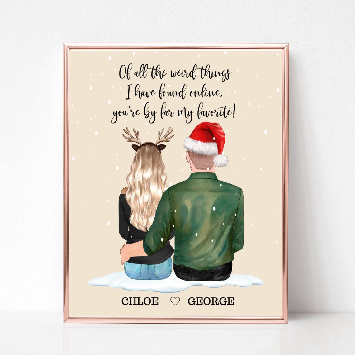 Christmas Couple With Santa Hat And Reindeer Antlers Snow Poster