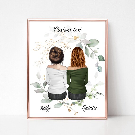 Two Friends Eucalyptus Wreath Custom Text Botanical Portrait Poster