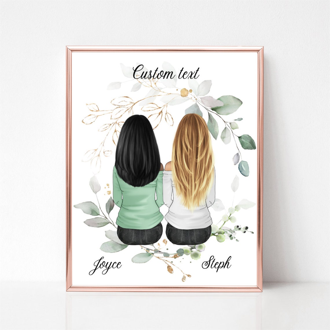 Two Friends Eucalyptus Wreath Custom Text Botanical Portrait Poster - Image 3