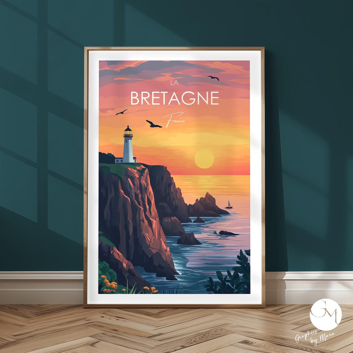 La Bretagne France Lighthouse Orange Sunset Cliffs Travel Poster