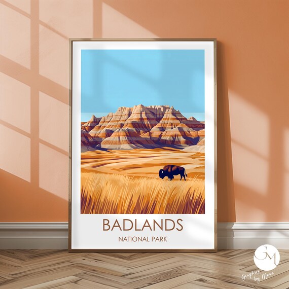 Badlands National Park Bison Prairie Minimalist Travel Poster