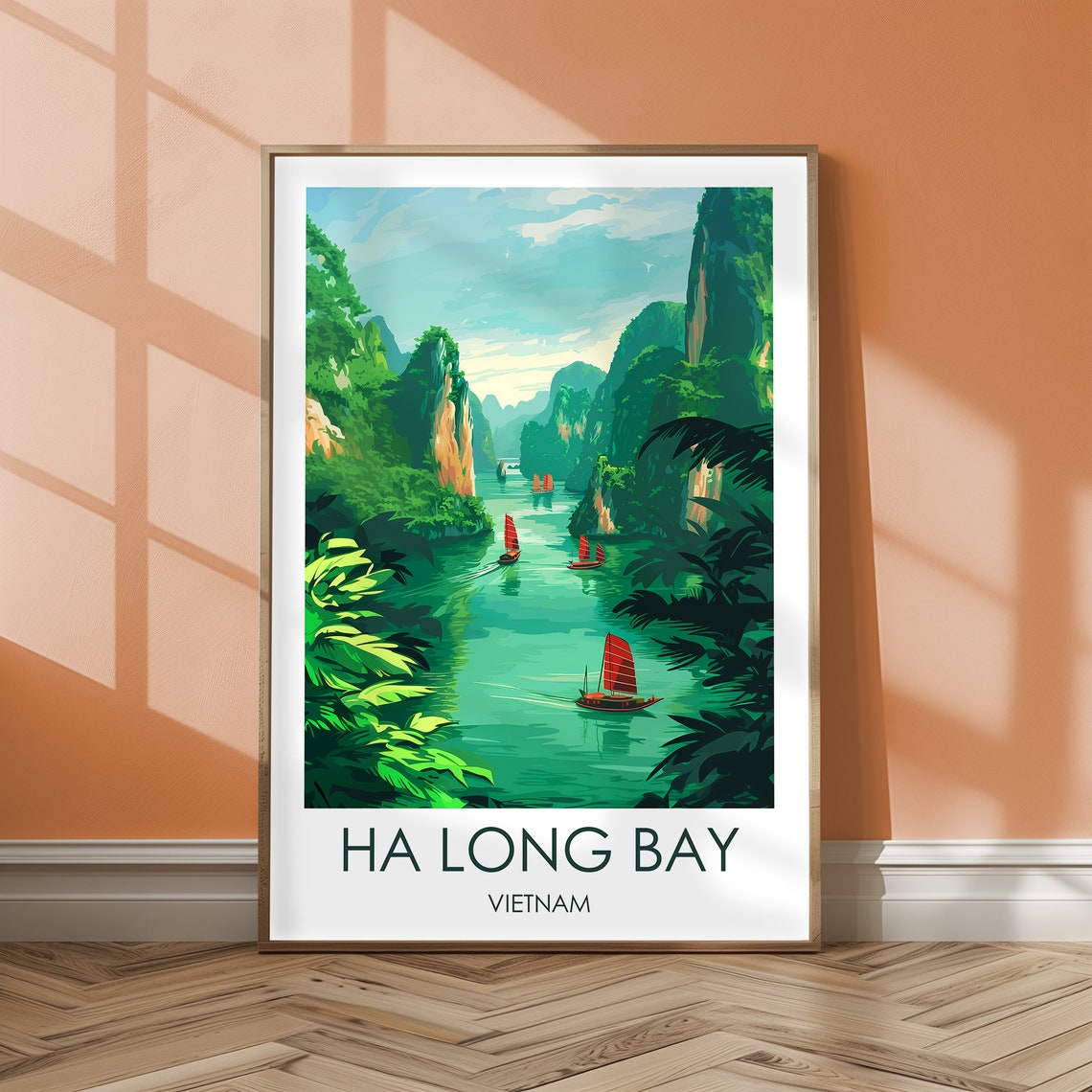 Ha Long Bay Vietnam Limestone Cliffs Red Sail Boats Travel Poster
