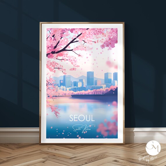 Seoul South Korea Cherry Blossoms River Sunset City View Poster