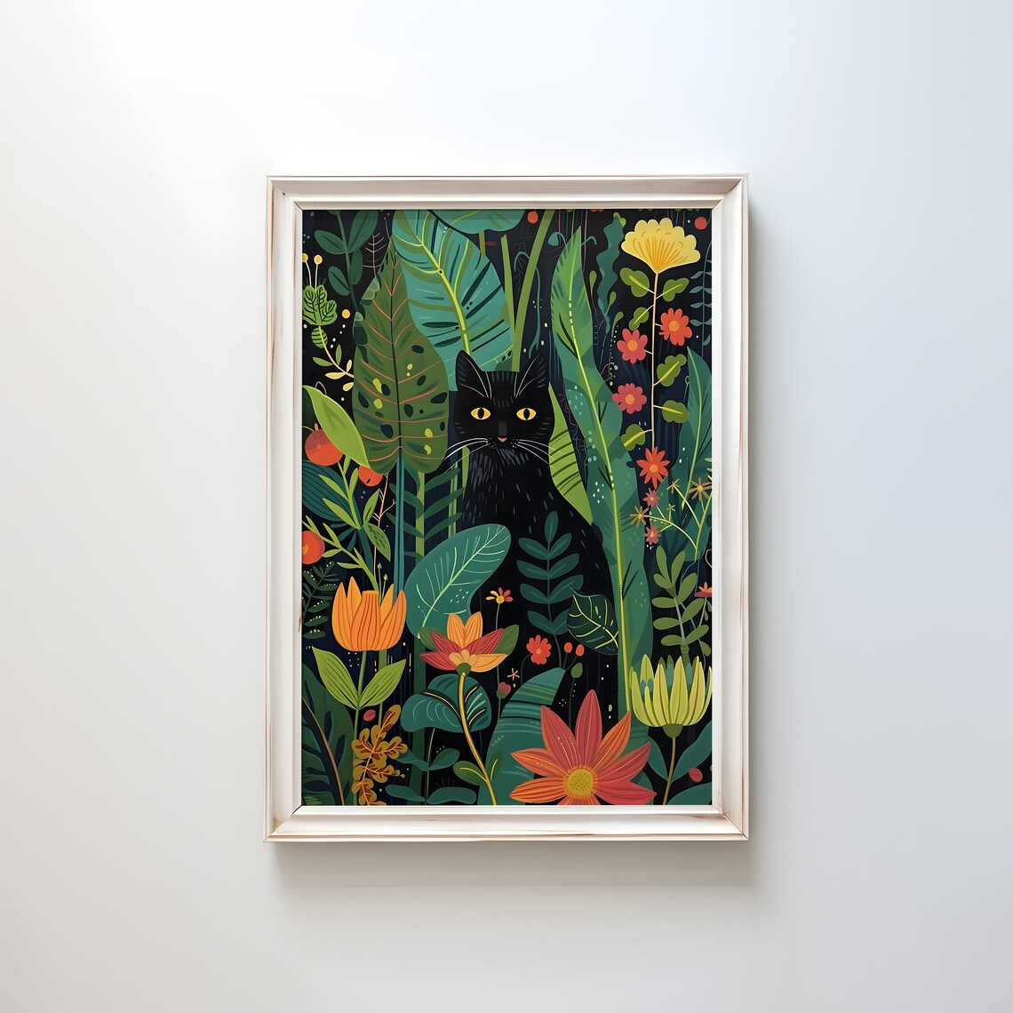Black Cat Among Colorful Tropical Flowers Botanical Cat Poster