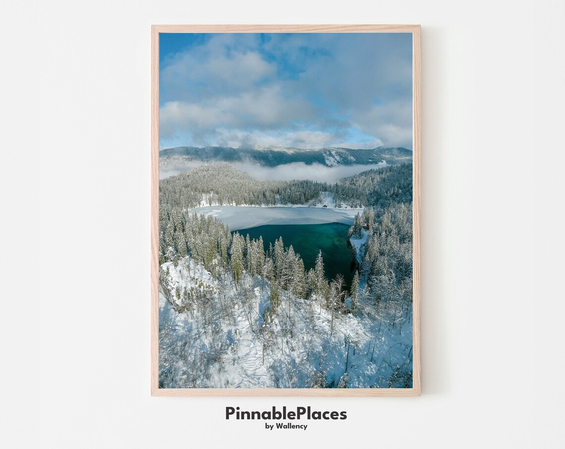 Snowy Winter Aerial Frozen Alpine Lake Nature Photography Poster