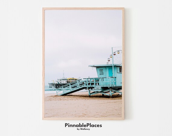 Santa Monica Pier Lifeguard Tower Black White Beach Photo Poster