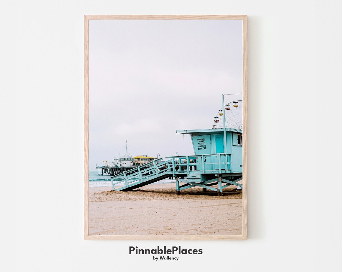 Santa Monica Pier Lifeguard Tower Black White Beach Photo Poster