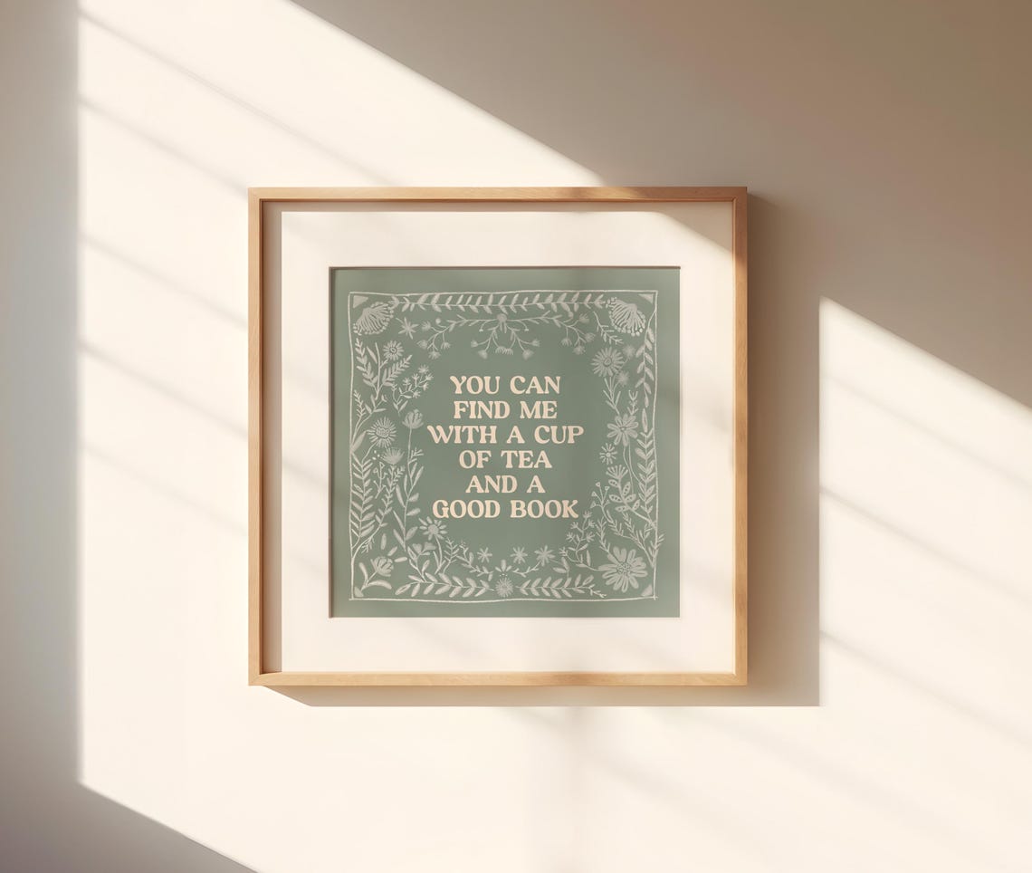 Book Lover Print Cup Of Tea And A Good Book Quote Gift For Avid Reader Folk Art Cottagecore - Image 3