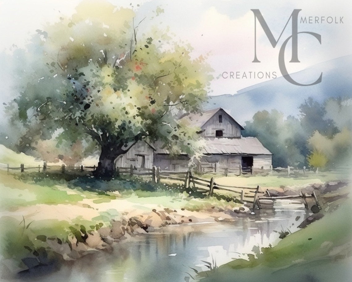 Weathered Barn by a Creek With a Split Rail Fence Watercolor Poster
