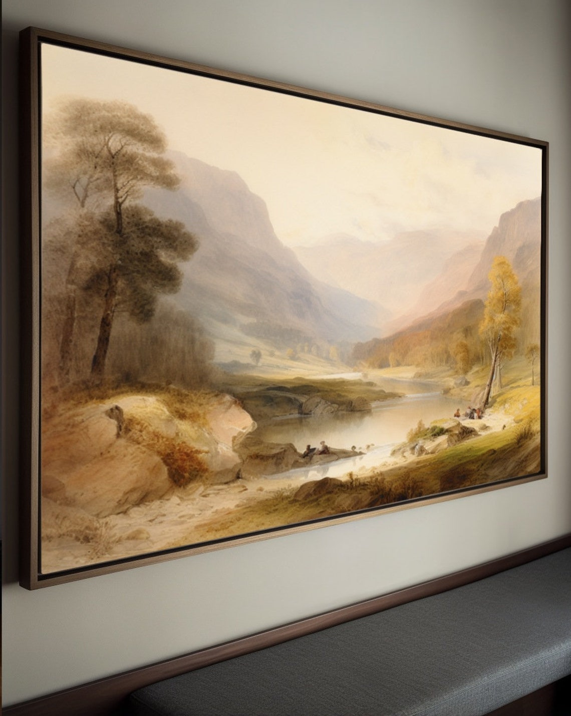 Misty Mountain Valley Lake with Anglers Watercolor Landscape Poster - Image 3