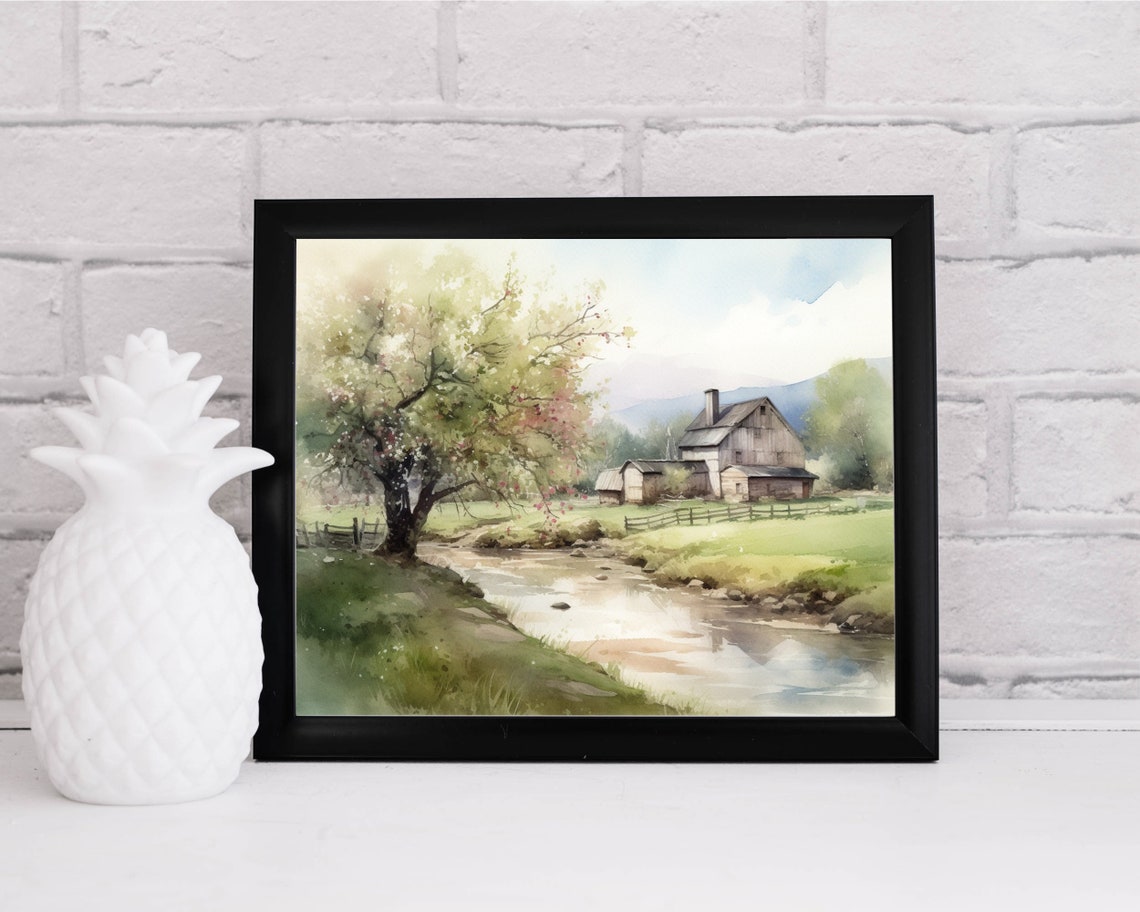Old Barn With Blossoming Tree by a Spring Stream Watercolor Poster - Image 2