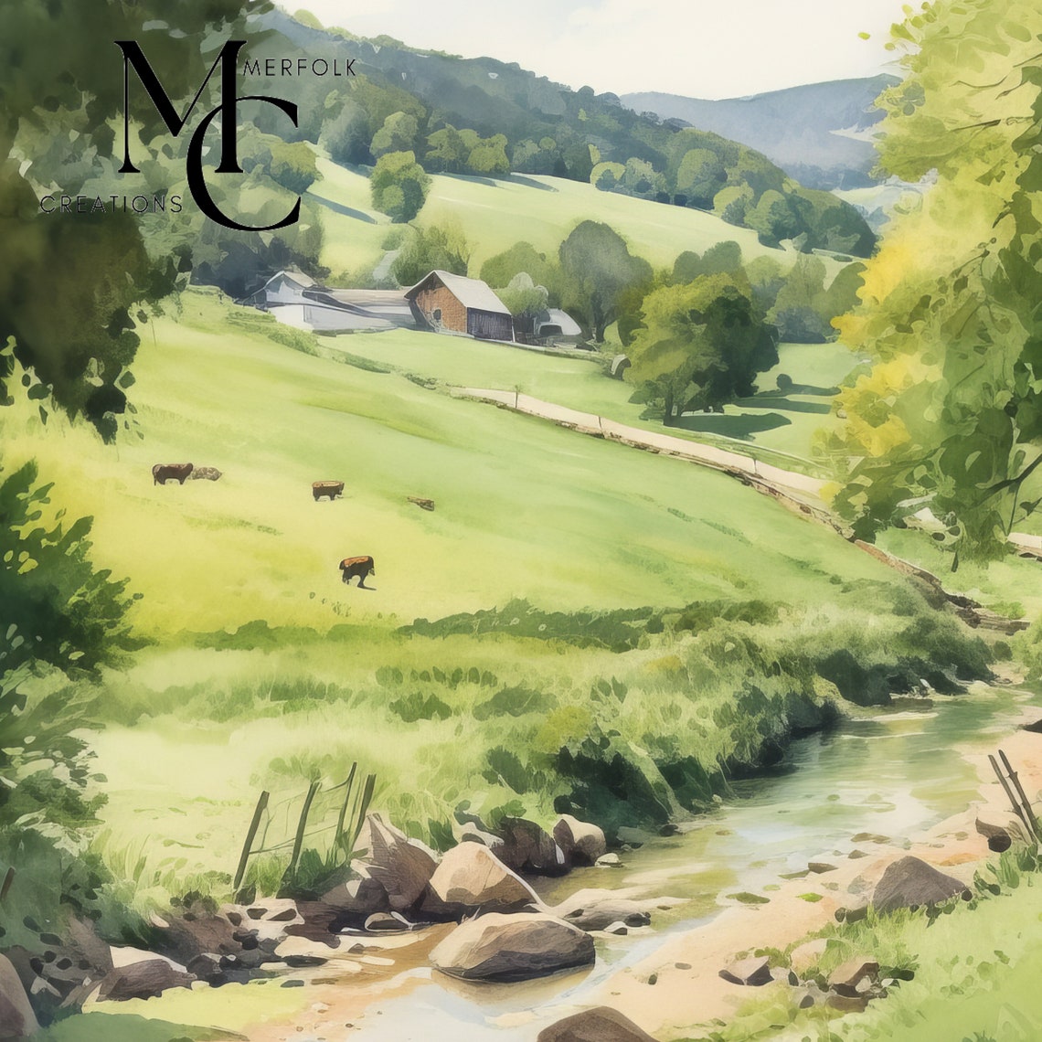 Green Valley Stream with Grazing Cows Spring Watercolor Poster - Image 3