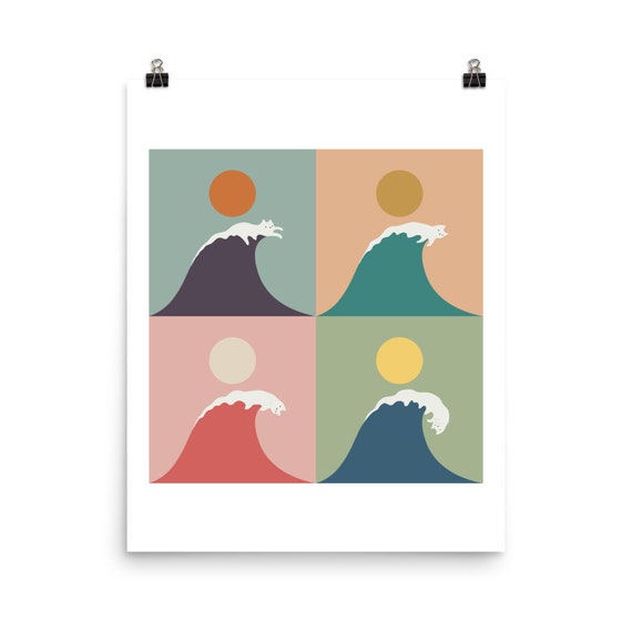 Playful Cat Riding Waves Four Panel Colorful Modern Art Poster