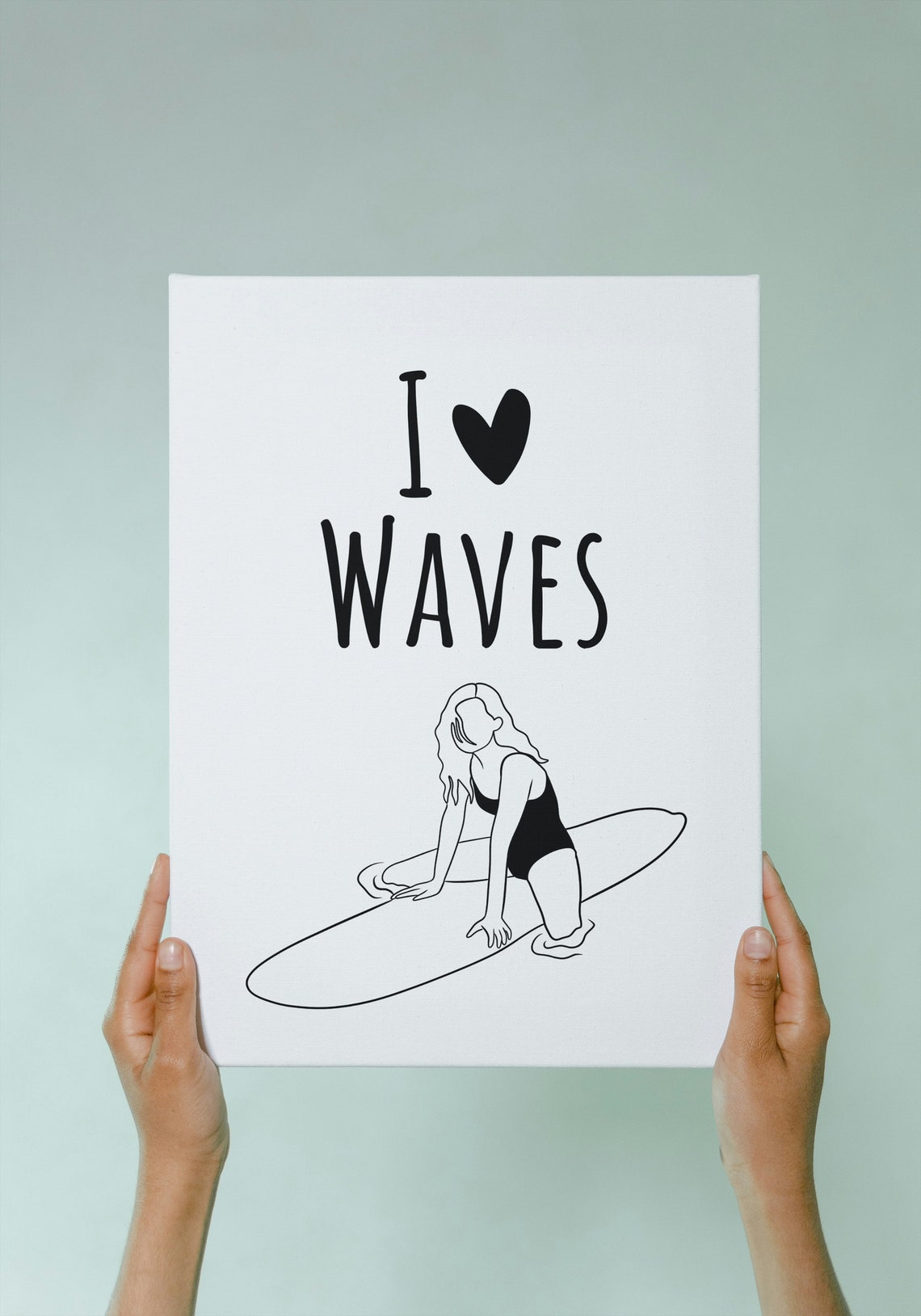 I Love Waves Surfer Girl Line Drawing Surf Wall Decor Poster - Image 3