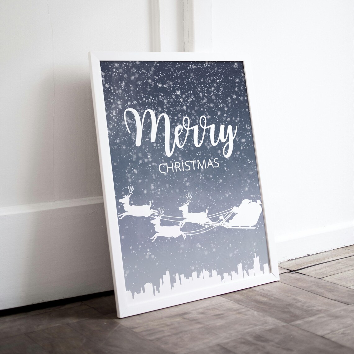 Merry Christmas Santa Sleigh Snowy Night Skyline Holiday Poster - Image 3