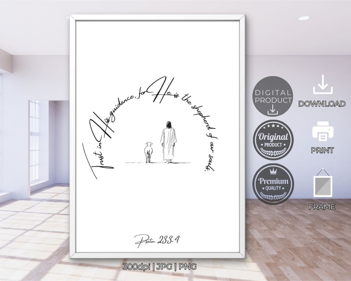 Trust in His Guidance Good Shepherd Psalm 23 4 Jesus Line Art Christian Poster