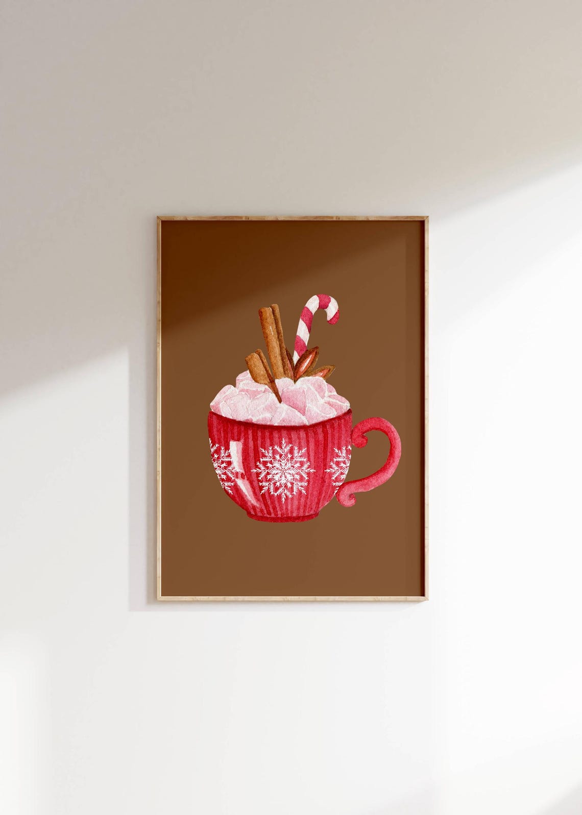 Cozy Hot Cocoa Mug with Candy Cane Watercolor Winter Kitchen Poster