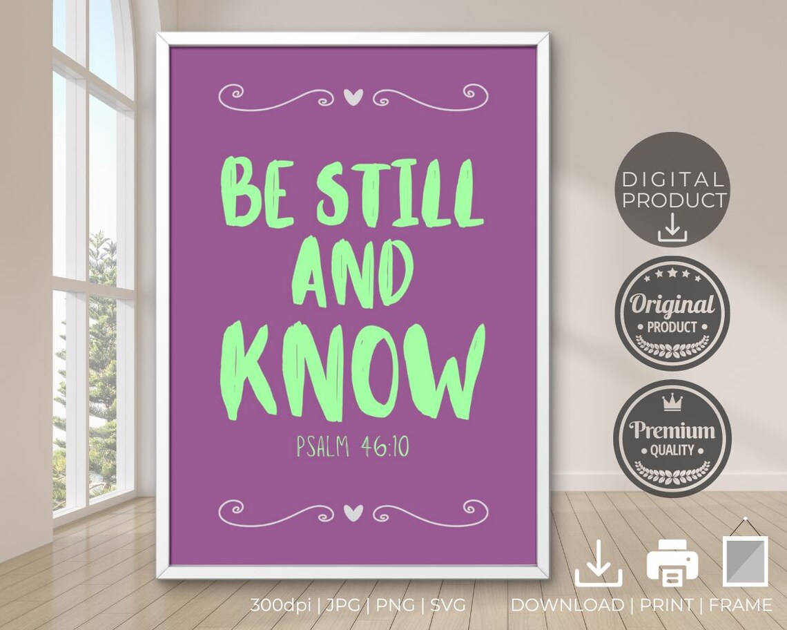 Be Still and Know Psalm 46 Verse 10 Mint Green Typography Purple Faith Poster