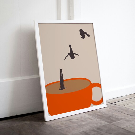 Three Divers Leaping Into Orange Coffee Cup Silhouette Art Poster