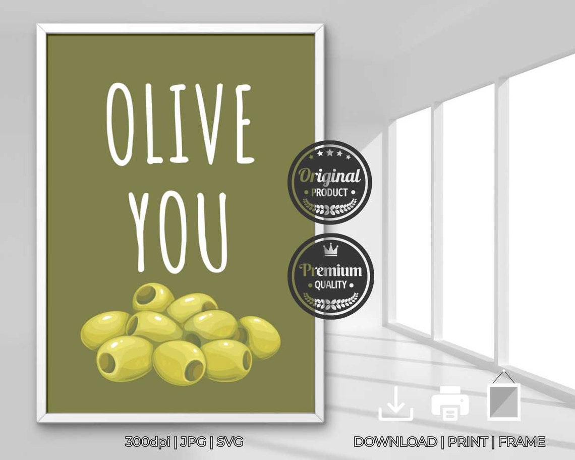 Olive You Pun Quote Green Olive Cute Kitchen Decor Wall Poster