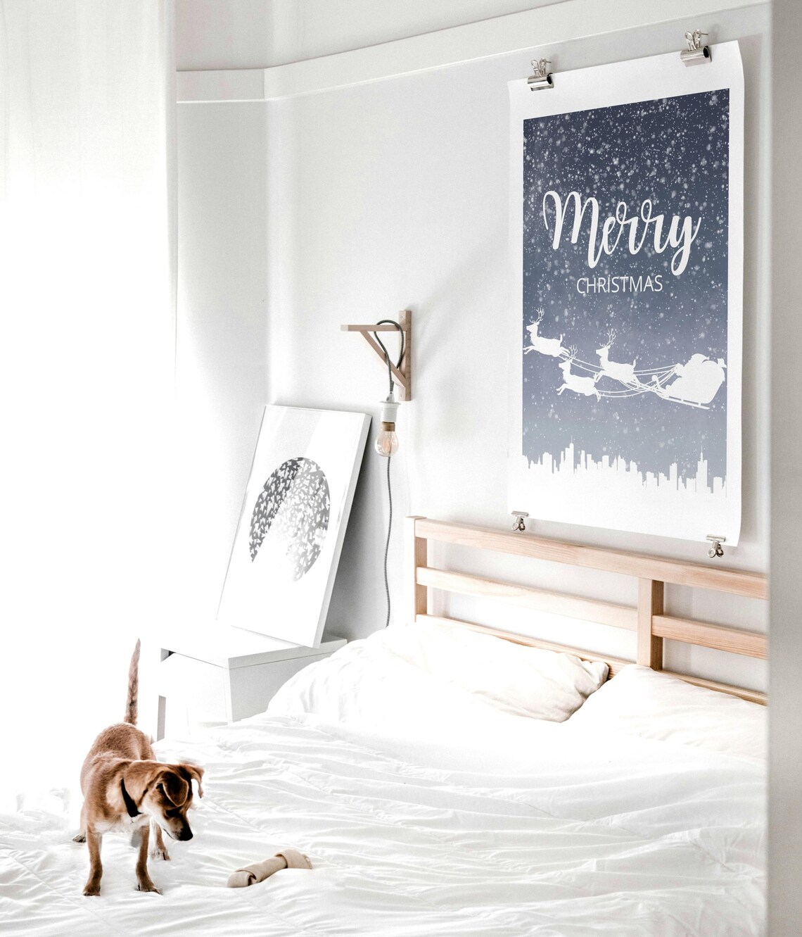 Merry Christmas Santa Sleigh Snowy Night Skyline Holiday Poster - Image 2