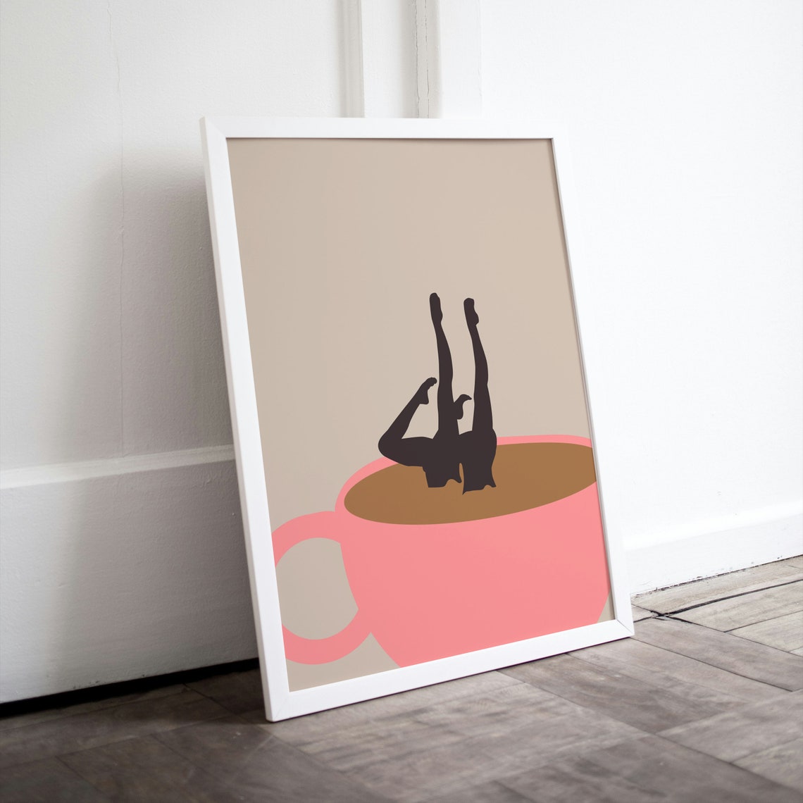 Diver Plunging Into Pink Coffee Cup Retro Minimalist Art Poster