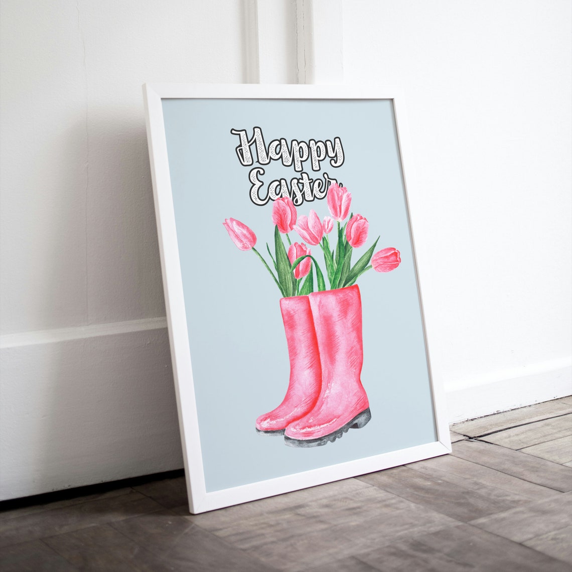 Happy Easter Pink Rain Boots Tulips Watercolor Spring Wall Poster