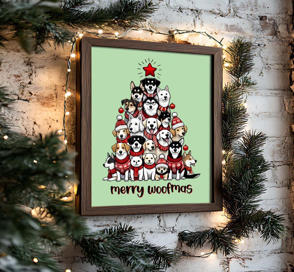 Merry Woofmas Christmas Tree of Dogs in Holiday Sweaters Art Poster