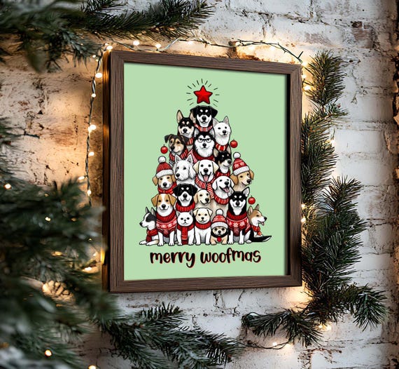 Christmas Dog Tree Holiday Pets Print Merry Woofmas Cute Pet Art Breeds Lab Golden Retriever Picture