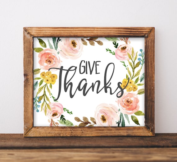 Give Thanks Watercolor Floral Wreath Rustic Fall Sign Poster