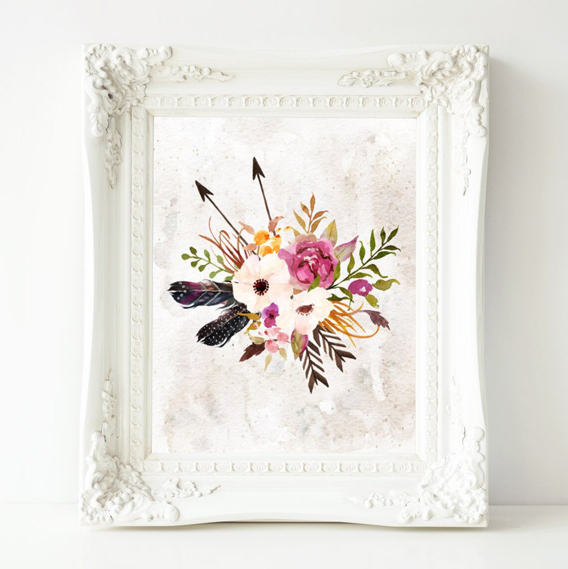 Watercolour Floral Bouquet Illustration With Tribal Arrows And Feathers Poster