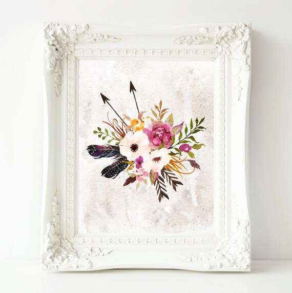 Art Floral Illustration Bouquet Wall Tribal Arrow Feather Home Decor Nursery Poster