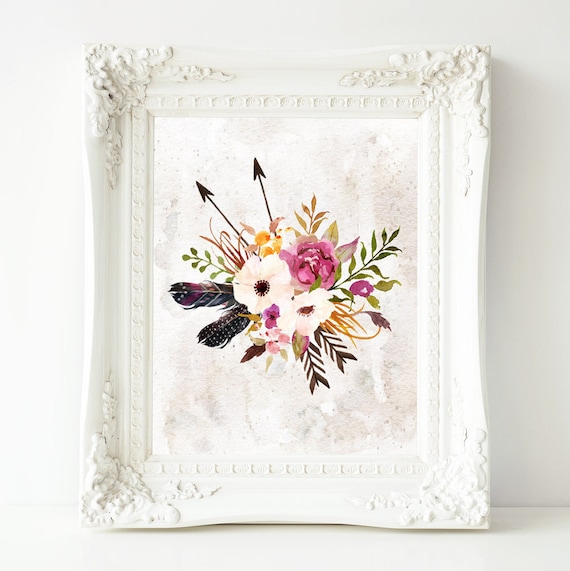 Watercolour Floral Bouquet Illustration With Tribal Arrows And Feathers Poster
