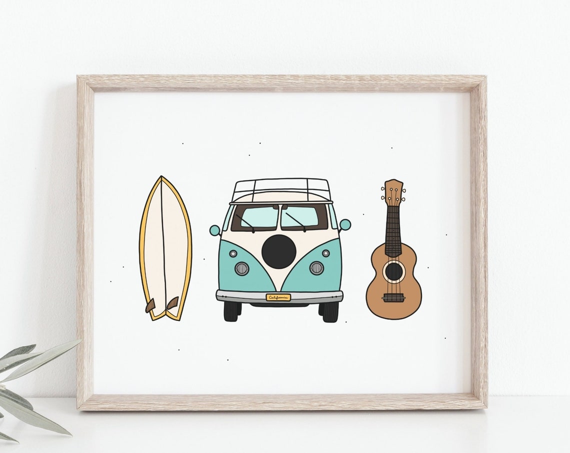 Vintage Teal Camper Van Surfboard Ukulele California Road Trip Poster